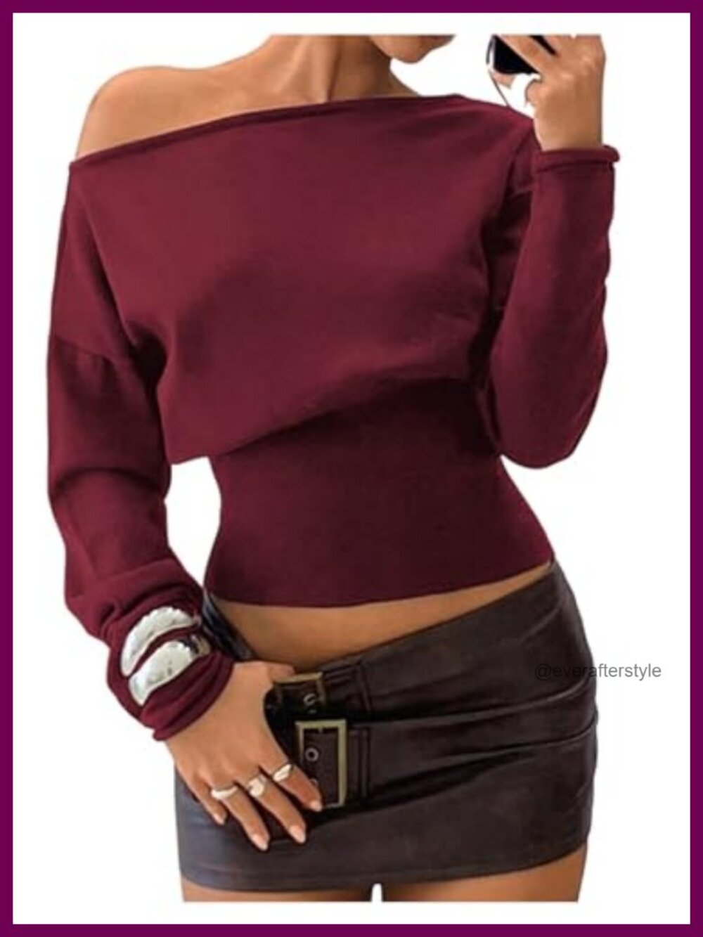 Off-Shoulder Knit Cropped Sweater - Burgundy, Long Sleeve